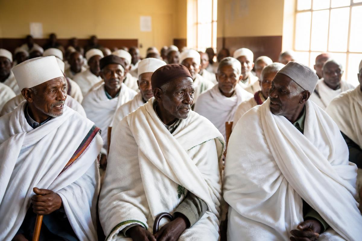 Ethiopian community elders gathered in a sunlit community hall